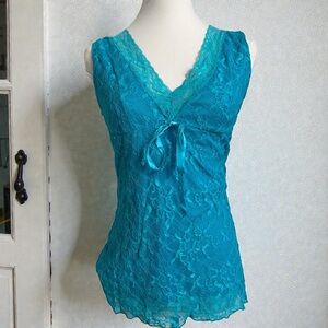 Vintage Turquoise Lace Camisole Top with Satin Bow XL
